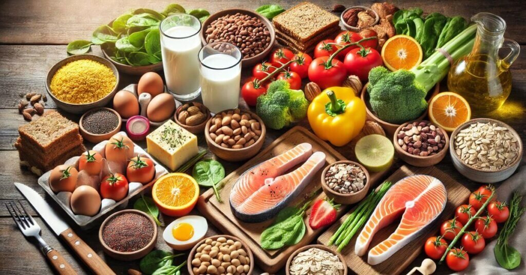 Protein – Chất đạm quan trọng từ các nguồn thực phẩm như ức gà, cá hồi, trứng, sữa, quinoa, hạt chia, đậu lăng, bơ đậu phộng, rau xanh và trái cây tươi giúp xây dựng cơ bắp và phục hồi cơ thể.