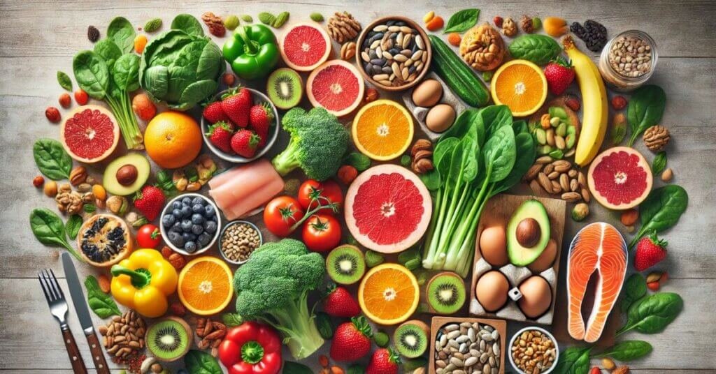 Bữa ăn lành mạnh với trái cây tươi, rau xanh, cá hồi, trứng, hạt dinh dưỡng và thực phẩm giàu vitamin & khoáng chất.