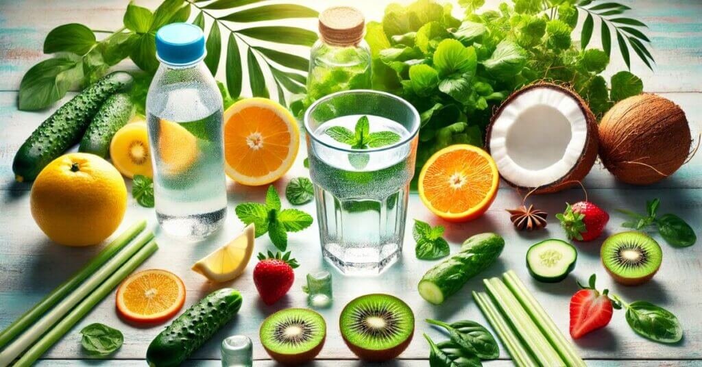 Ly nước trong veo giữa trái cây tươi và rau xanh, thể hiện thói quen uống nước đúng cách giúp cơ thể khỏe mạnh.