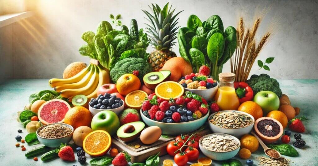 Hình ảnh minh họa thực phẩm cân bằng dinh dưỡng gồm trái cây tươi, rau xanh, protein và thực phẩm giàu chất xơ giúp duy trì sức khỏe.