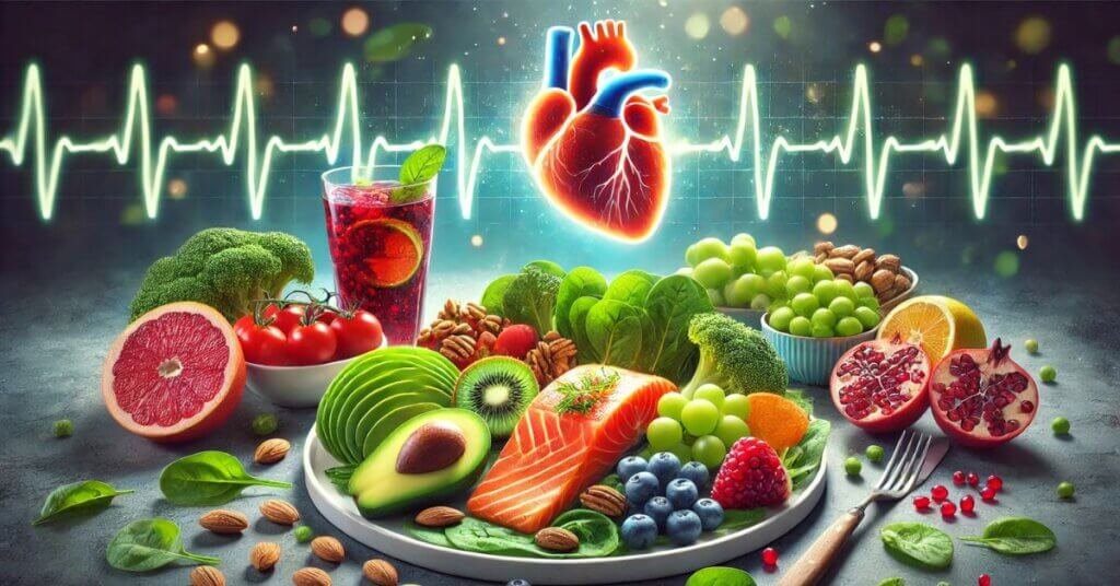 Hình ảnh một bữa ăn lành mạnh gồm cá hồi, bơ, rau xanh, các loại hạt và quả mọng, hỗ trợ bảo vệ hệ tuần hoàn và tim mạch.