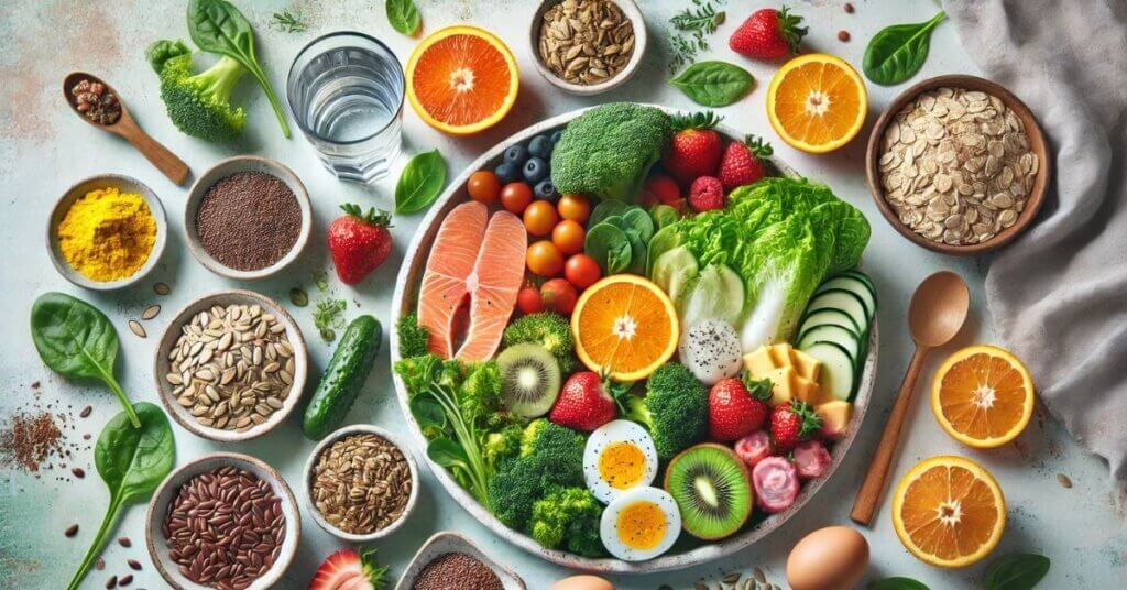 Thực phẩm hỗ trợ hệ tiêu hóa khỏe mạnh với rau xanh, trái cây, protein và nguồn probiotic tự nhiên.