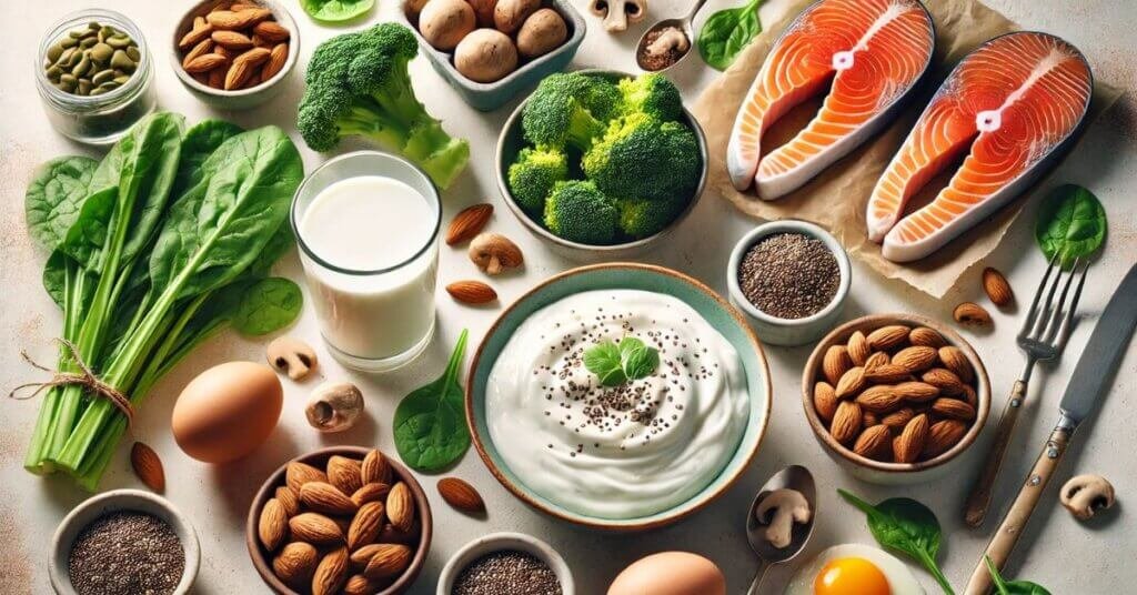 Thực phẩm giàu canxi và vitamin D giúp xương chắc khỏe, bao gồm sữa, sữa chua, cá hồi, rau xanh, trứng, hạt dinh dưỡng và nấm, được sắp xếp trên bàn ăn với ánh sáng tự nhiên.