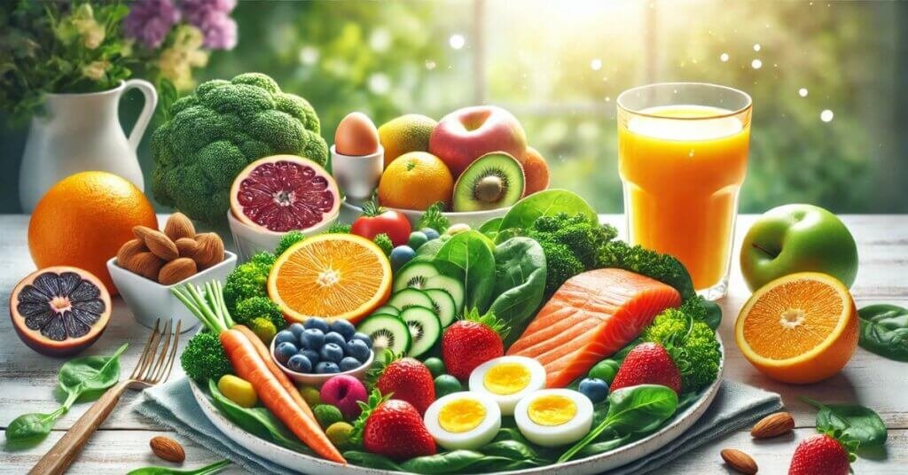Thực phẩm lành mạnh gồm rau xanh, cá hồi, trái cây và ngũ cốc nguyên hạt giúp duy trì chế độ ăn uống cân bằng và tốt cho sức khỏe.