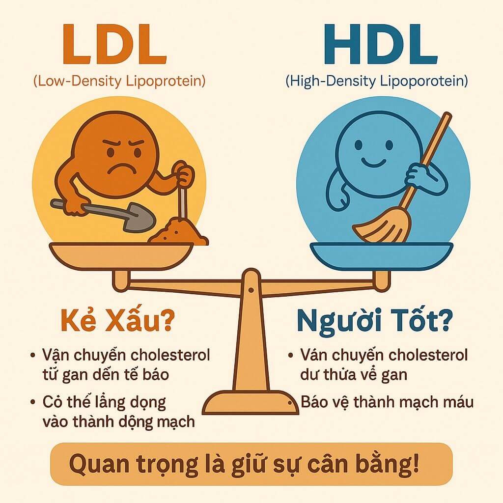 Đây là hình mô phỏng vai trò đối lập giữa LDL và HDL. Nhưng hãy cẩn thận: gọi LDL là “xấu” và HDL là “tốt” chỉ là cách nói ngắn gọn. Sự thật là cả hai đều cần thiết. Vấn đề nằm ở liều lượng và bối cảnh, giống như ăn muối – quá ít thì nhạt, quá nhiều lại tăng huyết áp. Quan trọng là giữ sự cân bằng!