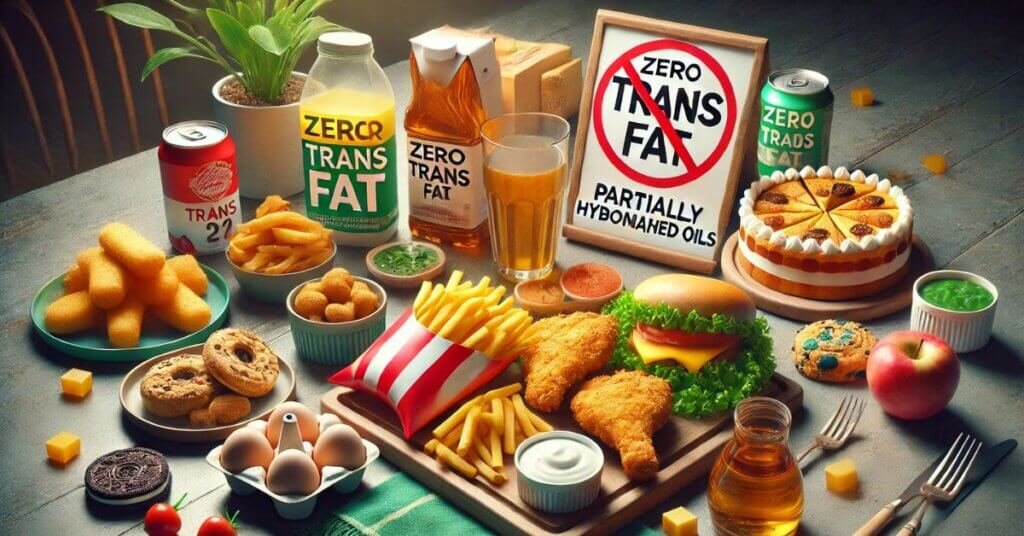 Hình ảnh các loại thực phẩm chiên, bánh ngọt, nước ngọt kèm bảng cảnh báo Trans Fat – chất béo gây hại tim mạch.