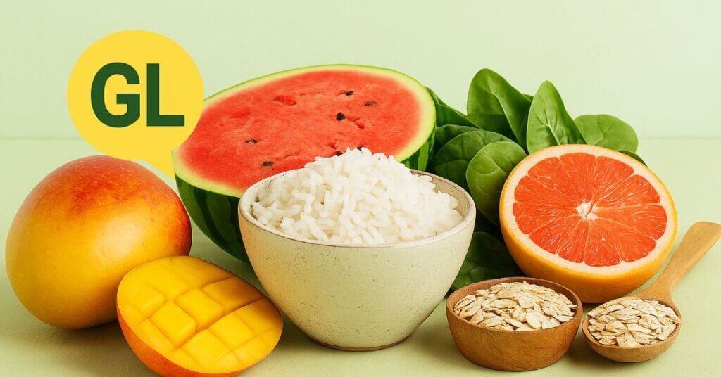 Hình ảnh minh họa chỉ số GL trong thực phẩm, thể hiện tác động đến đường huyết với màu sắc tươi sáng, bố cục rõ ràng.