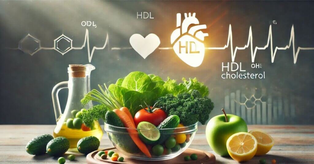 Hình ảnh thể hiện thực phẩm tươi ngon như rau diếp, cà rốt và chanh, cùng với biểu tượng trái tim khỏe mạnh và HDL molecules, tượng trưng cho việc bảo vệ sức khỏe tim mạch.