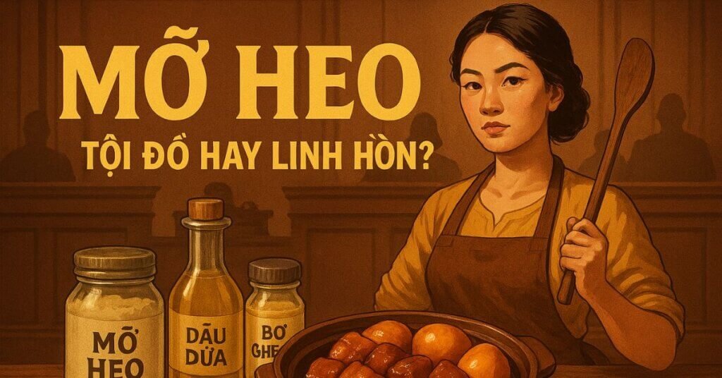 Thịt kho trứng vàng ươm, bên cạnh là dầu dừa, bơ ghee, mỡ heo, với hình ảnh Thị Mầu trong phiên tòa giả tưởng, đề cao sự hiểu đúng về chất béo bão hòa.