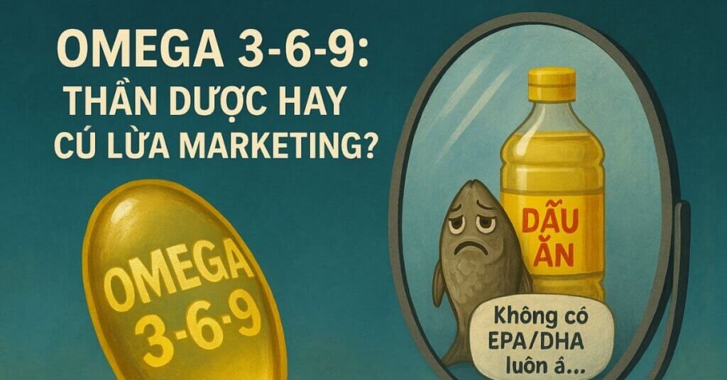 Hình ảnh minh họa vui nhộn về bộ ba Omega 3-6-9 với thông điệp cảnh báo chiêu trò tiếp thị và hướng dẫn chọn lựa khoa học.