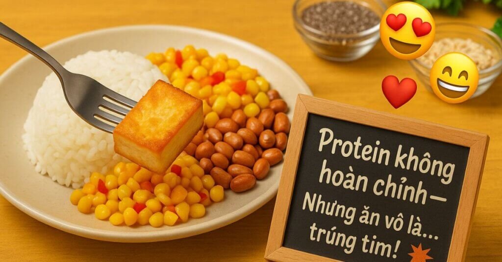 Đĩa cơm với đậu hũ chiên vàng, bắp xào, và đậu phộng rang trên bàn gỗ mộc mạc, kèm theo bảng ghi dòng chữ 'Protein không hoàn chỉnh – Nhưng ăn vô là… trúng tim!' cùng các emoji biểu cảm.