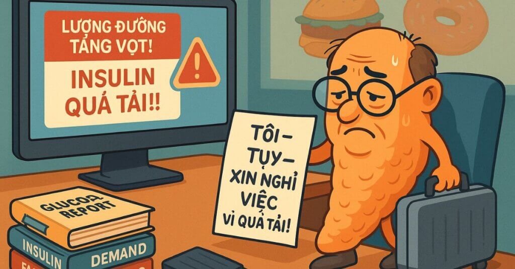 Hình ảnh minh họa về kháng insulin với hình ảnh tuyến tụy biểu tượng đang xin nghỉ việc vì quá tải do lượng đường trong máu tăng cao.