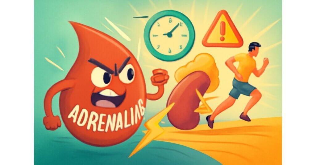 Biểu tượng giọt adrenaline đỏ và tia sét thể hiện tốc độ và sự phản ứng của hormone này trong cơ thể khi gặp stress.