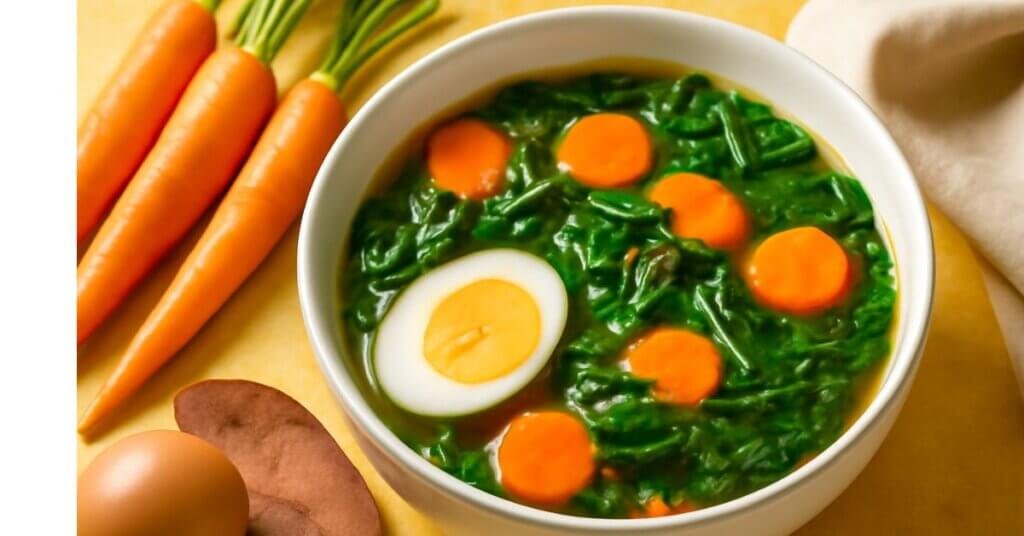 Canh rau ngót với cà rốt và trứng gà, một món ăn bổ dưỡng chứa vitamin A giúp sáng mắt và bảo vệ làn da.