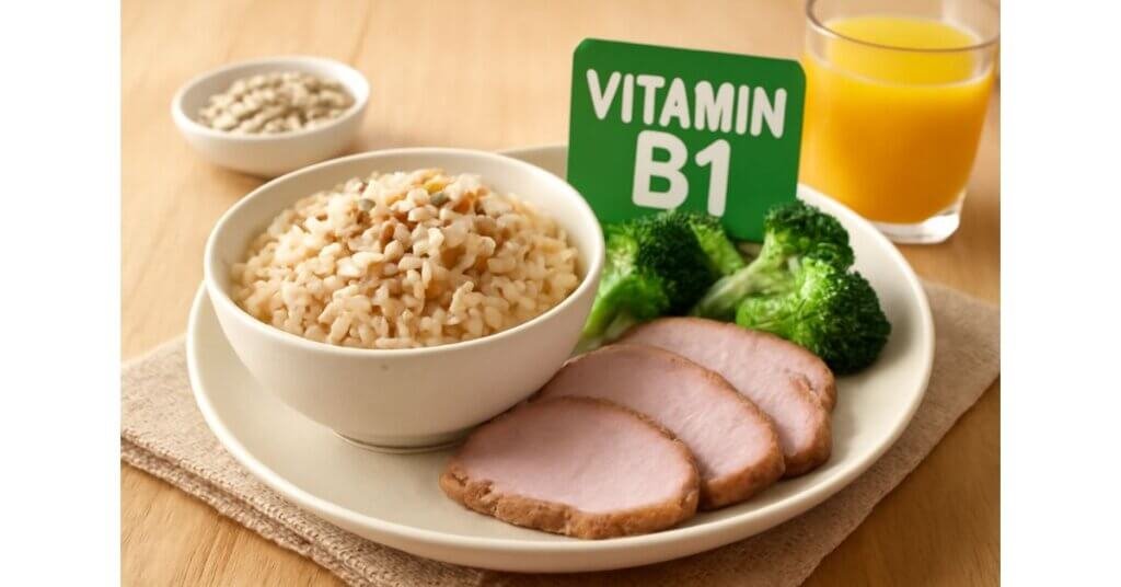 Bữa ăn với gạo lứt, thịt heo, rau xanh và nước cam giúp cung cấp vitamin B1 và dinh dưỡng cho cơ thể.