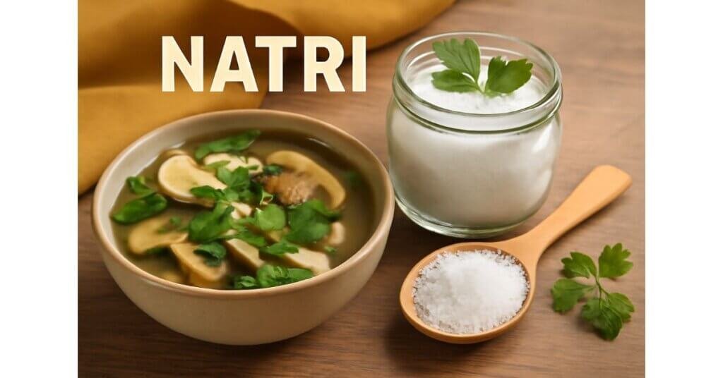 Bát canh nấm thơm ngon với rau mùi xanh tươi, lọ muối biển trong suốt và thìa gỗ đựng muối tinh khiết, thể hiện sự cân bằng Natri trong chế độ ăn uống lành mạnh.