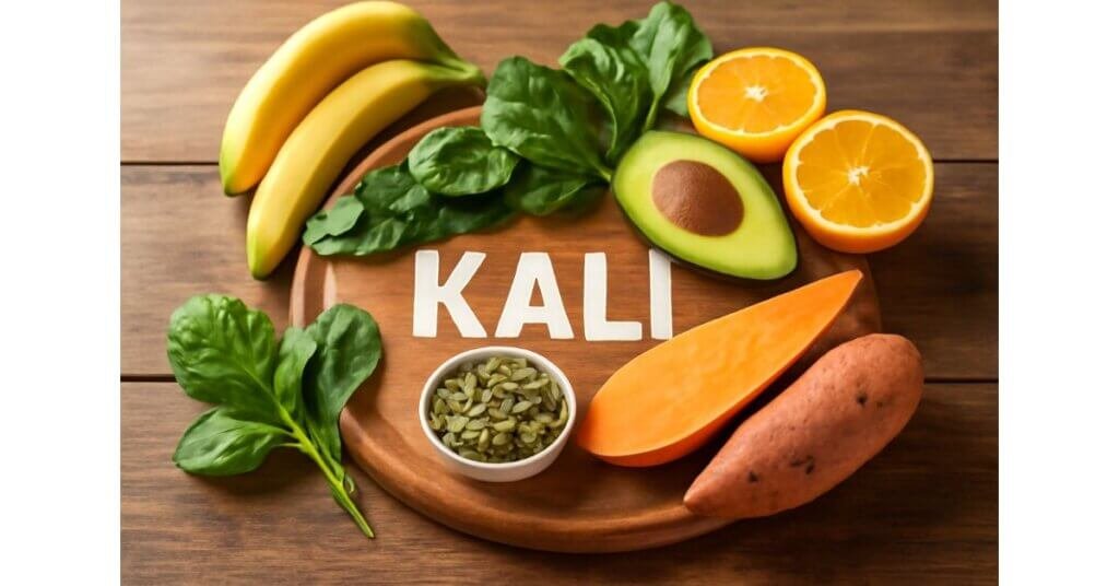 Ảnh thực phẩm giàu Kali gồm chuối, khoai lang, rau chân vịt, bơ, cam và hạt bí trên thớt gỗ tự nhiên.