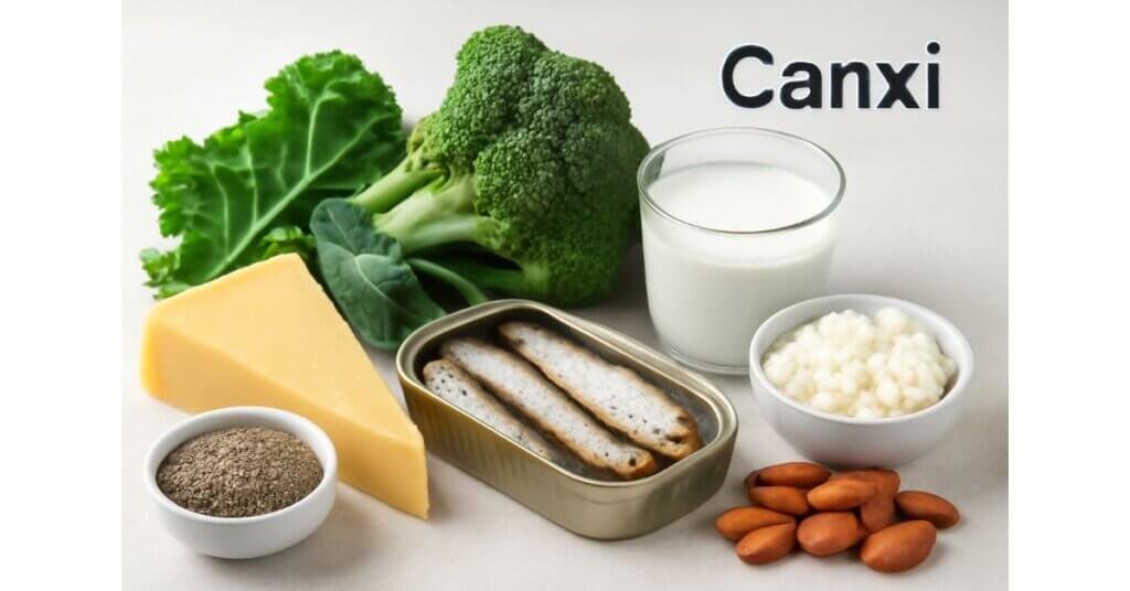 Hình ảnh của các thực phẩm giàu canxi bao gồm phô mai, cá mòi, sữa, hạt chia, cải xoăn và hạnh nhân, giúp bổ sung canxi cho cơ thể.