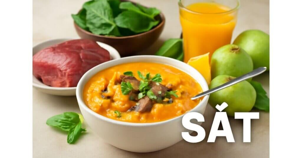 Bát cháo gan heo bí đỏ bổ máu, kèm rau bina, thịt bò đỏ và trái cây giàu vitamin C giúp tăng hấp thu sắt.