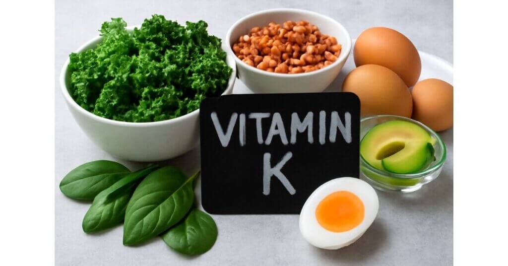 Thực phẩm chứa Vitamin K như cải xoăn, trứng và natto hỗ trợ sức khỏe và đông máu.