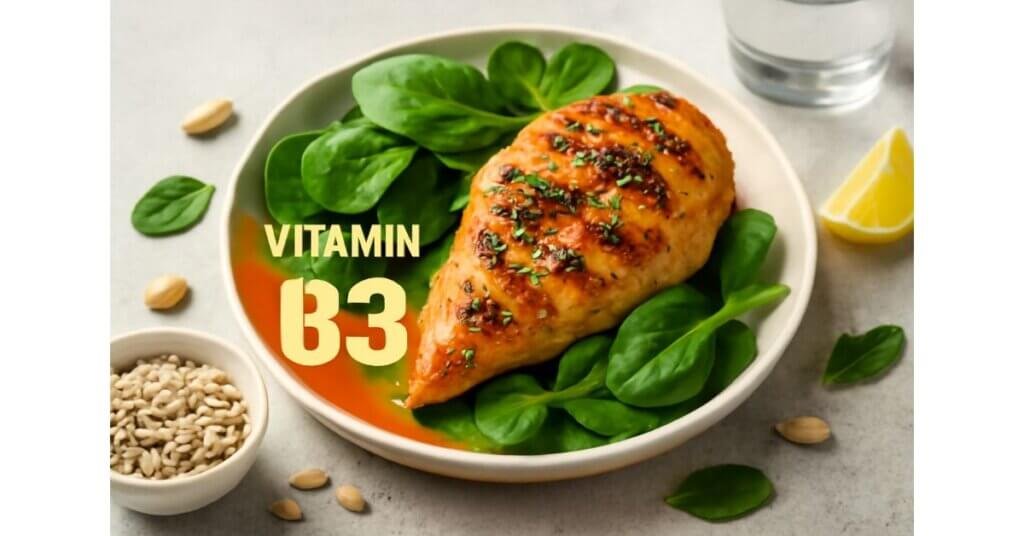 Đĩa ức gà nướng với mật ong, rắc mè và rau spinach, tạo nên món ăn bổ dưỡng giàu Vitamin B3 giúp cải thiện sức khỏe tim mạch.