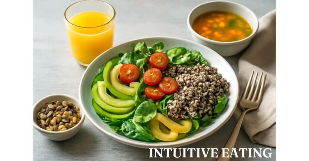 Bữa ăn lành mạnh với salad rau củ tươi, nước ép cam và súp rau, thể hiện phong cách ăn theo trực giác.