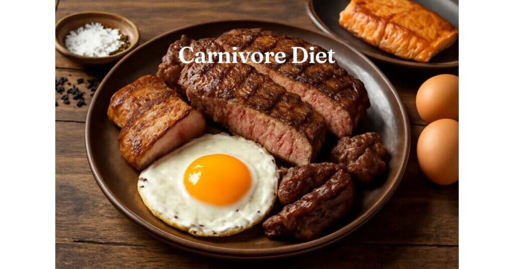 Bữa ăn chế độ Carnivore gồm thịt bò nướng, cá hồi, trứng và thịt xông khói, cung cấp nhiều protein và chất béo cho cơ thể.