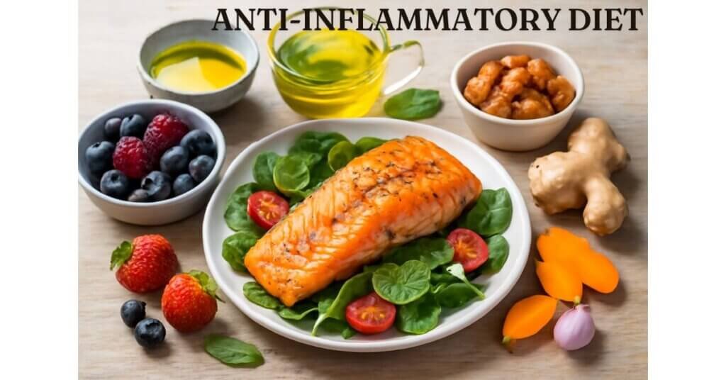 Chế độ ăn chống viêm với cá hồi, rau cải xanh, quả mọng và gia vị tự nhiên, giúp cải thiện sức khỏe và giảm viêm.