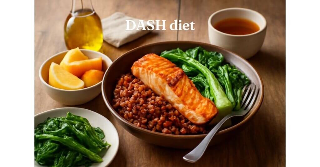 Bữa ăn DASH với gạo lứt, cá hồi nướng và rau xanh giúp duy trì huyết áp ổn định và bảo vệ trái tim khỏe mạnh.