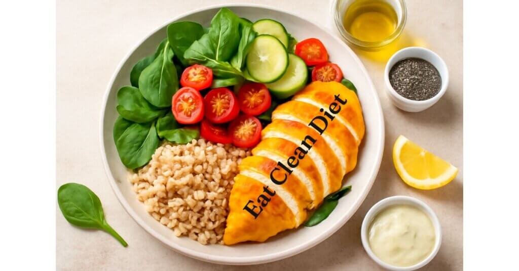 Bữa ăn sạch Eat Clean với ức gà nướng, cơm gạo lứt, salad rau xanh và cà chua tươi giúp tăng cường sức khỏe và duy trì vóc dáng.