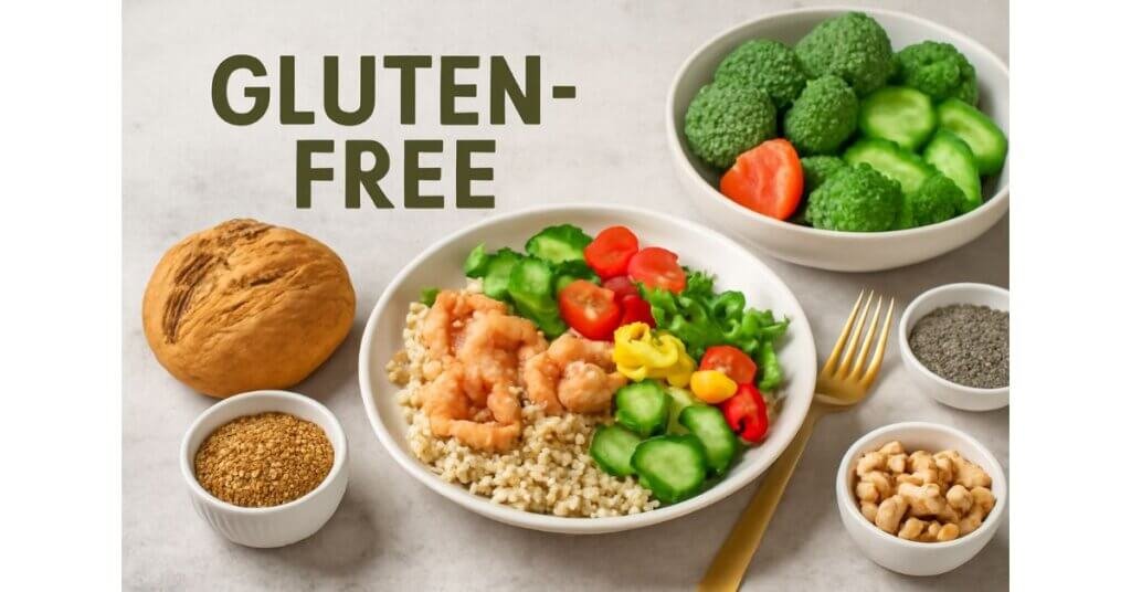 Thực phẩm gluten-free gồm salad quinoa tôm, rau củ tươi và bánh mì không gluten, cung cấp dinh dưỡng lành mạnh cho cơ thể.