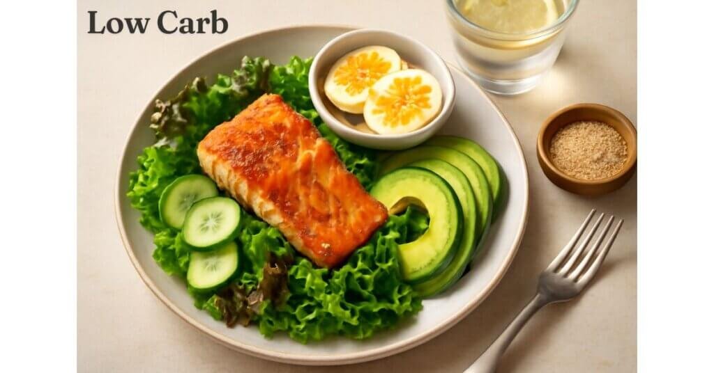 Bữa ăn low-carb với cá hồi áp chảo, bơ, trứng và rau tươi cung cấp dinh dưỡng cho chế độ ăn lành mạnh.