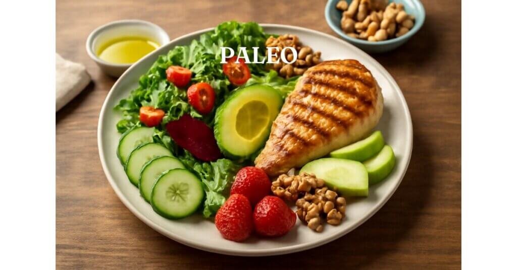 Bữa ăn Paleo với ức gà nướng, salad tươi, trái cây và các loại hạt, cung cấp chất dinh dưỡng từ thực phẩm tự nhiên.