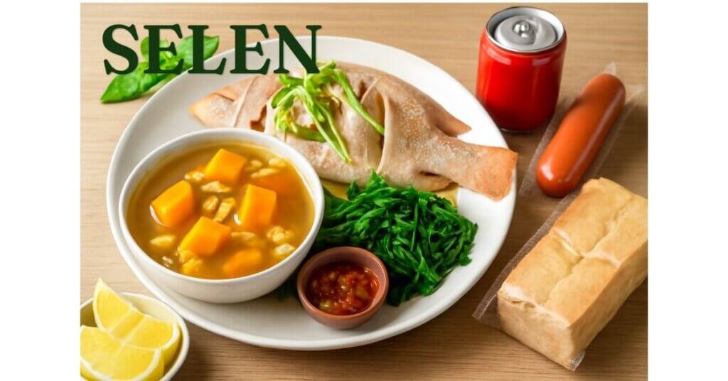 Mâm cơm với cá diêu hồng hấp hành, canh bí đỏ hạt sen và rau xanh tươi, bên cạnh các thực phẩm chế biến đóng hộp như nước ngọt, xúc xích và bánh mì, thể hiện sự khác biệt giữa phốt pho hữu cơ và phốt pho vô cơ.