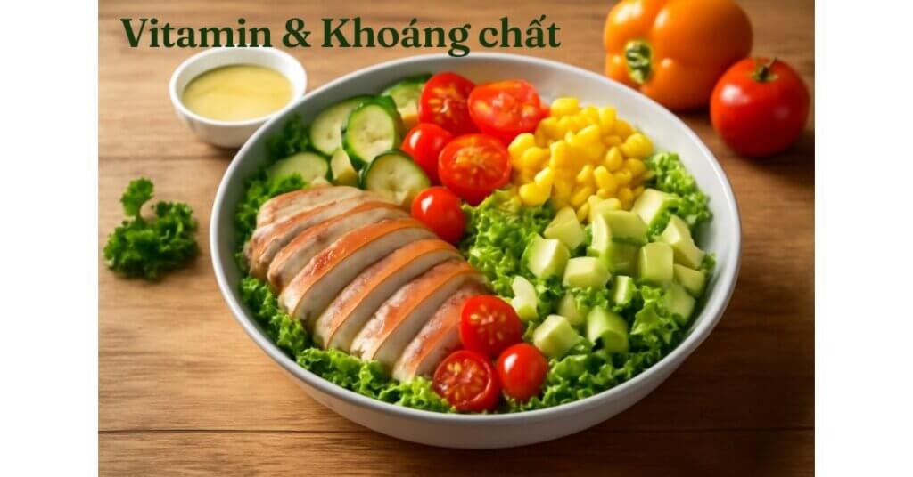 Salad tươi ngon với ức gà, rau xanh, cà chua, dưa chuột và ngô, giúp bổ sung vitamin và khoáng chất cho cơ thể.