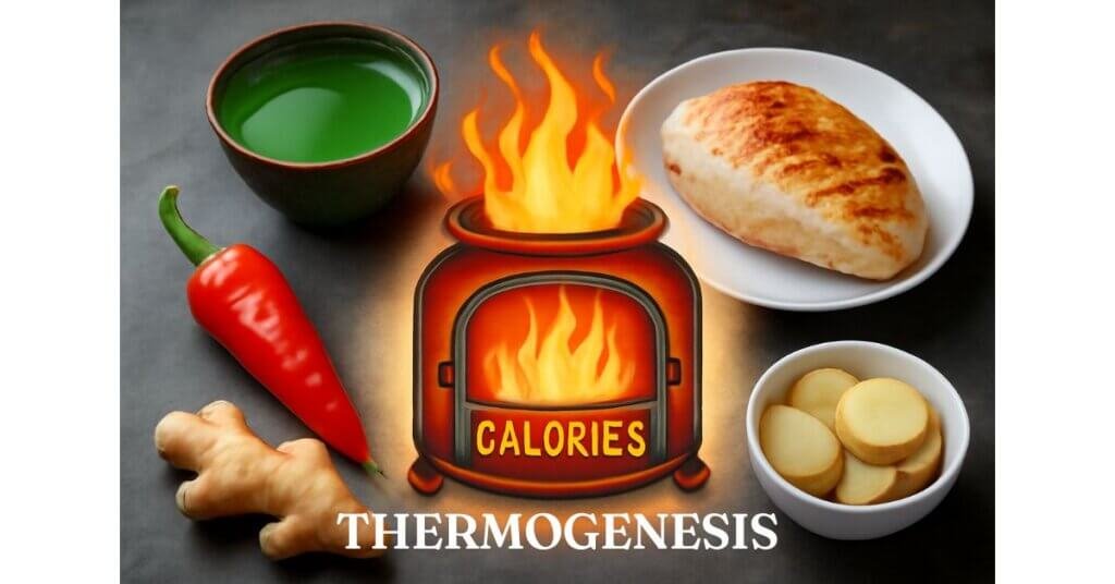 Hình ảnh của quá trình Thermogenesis thể hiện qua lò đốt calo, xung quanh là thực phẩm sinh nhiệt như gừng, ớt, trà xanh và thịt gà.