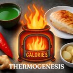 Hình ảnh của quá trình Thermogenesis thể hiện qua lò đốt calo, xung quanh là thực phẩm sinh nhiệt như gừng, ớt, trà xanh và thịt gà.