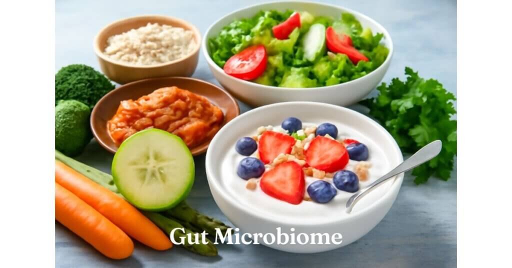 Hình ảnh thực phẩm lành mạnh bao gồm sữa chua, rau củ và thực phẩm lên men, giúp nuôi dưỡng hệ vi sinh đường ruột khỏe mạnh.