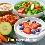 Hình ảnh thực phẩm lành mạnh bao gồm sữa chua, rau củ và thực phẩm lên men, giúp nuôi dưỡng hệ vi sinh đường ruột khỏe mạnh.