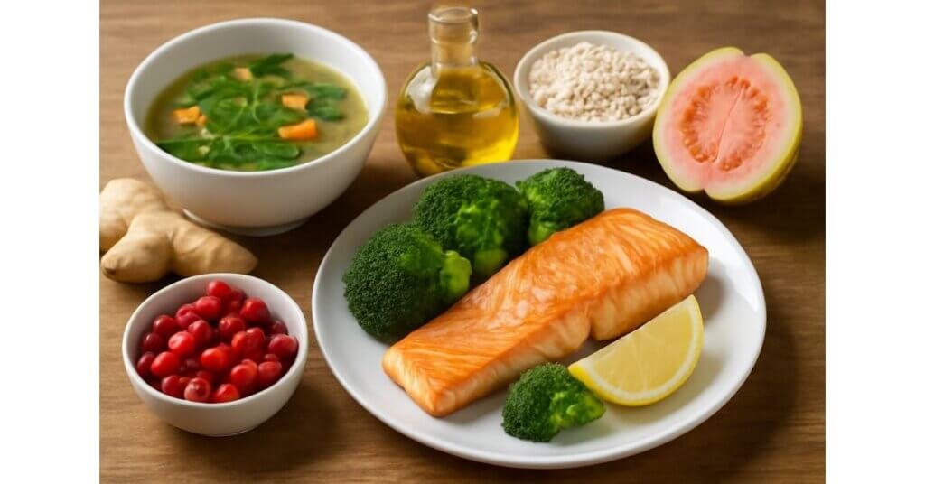 Hình ảnh một bữa ăn lành mạnh với cá hồi hấp, rau xanh, và trái cây tươi như guava, giúp giảm mỡ máu và duy trì sức khỏe tim mạch.