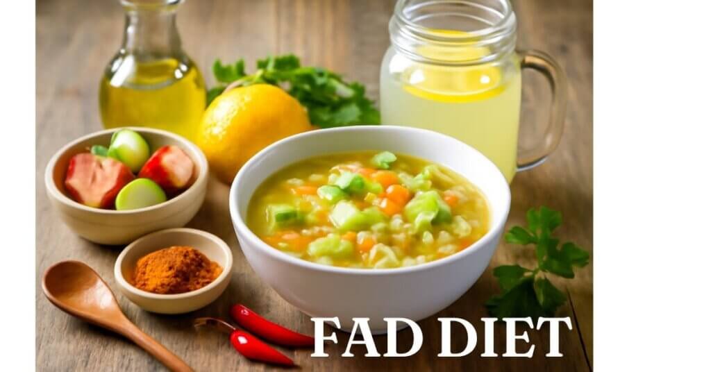 Chế độ ăn kiêng Fad Diet với món súp bắp cải, nước chanh và các gia vị tự nhiên, mang lại bữa ăn lành mạnh và đầy đủ dưỡng chất.