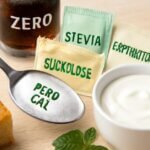 Bộ sản phẩm đường ăn kiêng: gói Stevia, Sucralose, Erythritol và món ăn sáng không calo, trên nền gỗ sáng.