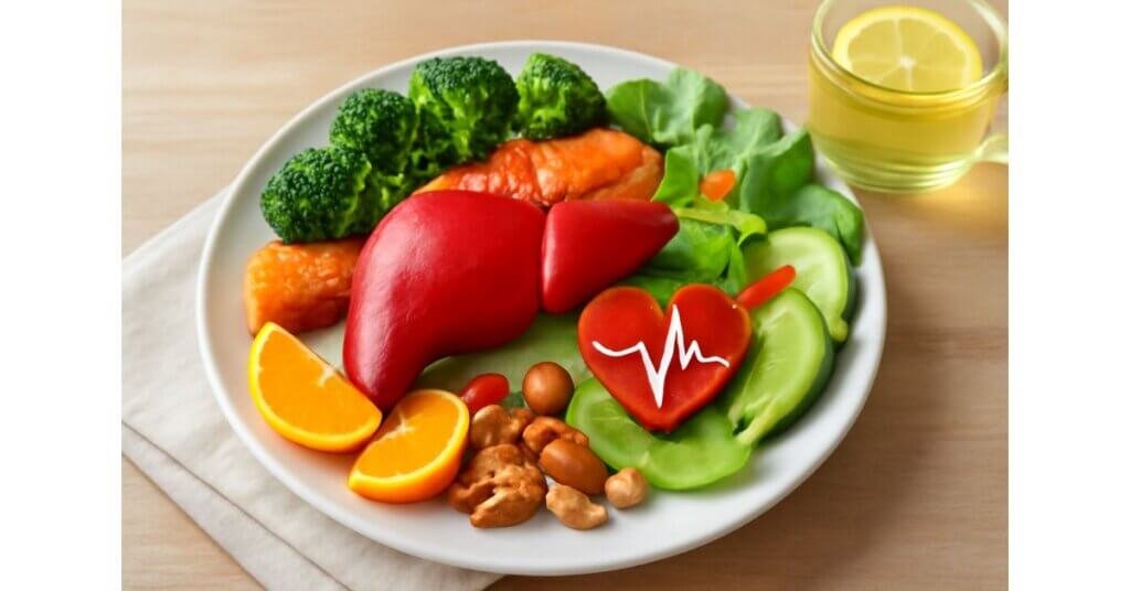 Bữa ăn lành mạnh với các thực phẩm bảo vệ gan gồm bông cải xanh, cá hồi, trái cây tươi và các loại hạt, giúp cải thiện sức khỏe gan.