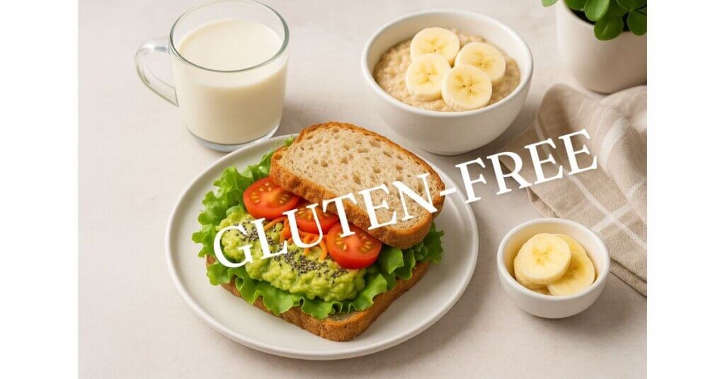 Bữa sáng không gluten với bánh mì nướng, sữa hạnh nhân, và trái cây tươi, thích hợp cho chế độ ăn lành mạnh.