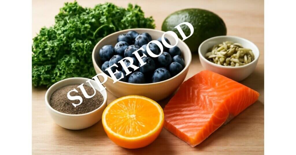 Hình ảnh về các siêu thực phẩm như việt quất, cá hồi, cải xoăn, hạt chia và cam, mang lại nhiều lợi ích sức khỏe, bao gồm chống oxy hóa và bảo vệ tim mạch.