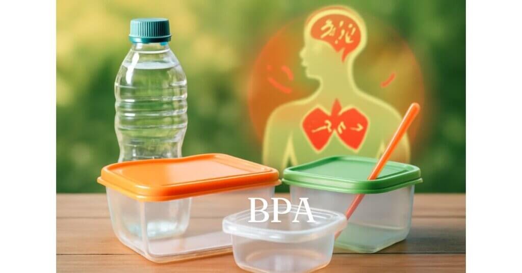 Hình ảnh các đồ nhựa chứa BPA cùng minh họa cơ thể con người, phản ánh tác động xấu của BPA đối với sức khỏe tim mạch và nội tiết.