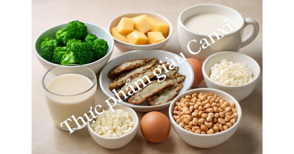 Thực phẩm giàu canxi như cá nhỏ, sữa, trứng và rau xanh giúp xương chắc khỏe và ngăn ngừa loãng xương.