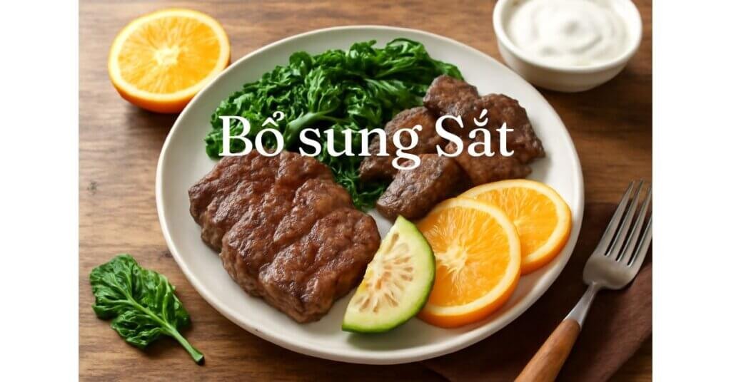 Bữa ăn giàu sắt gồm thịt bò, gan, rau cải bó xôi và trái cây tươi như cam và dưa leo, giúp bổ sung sắt và tăng cường sức khỏe.