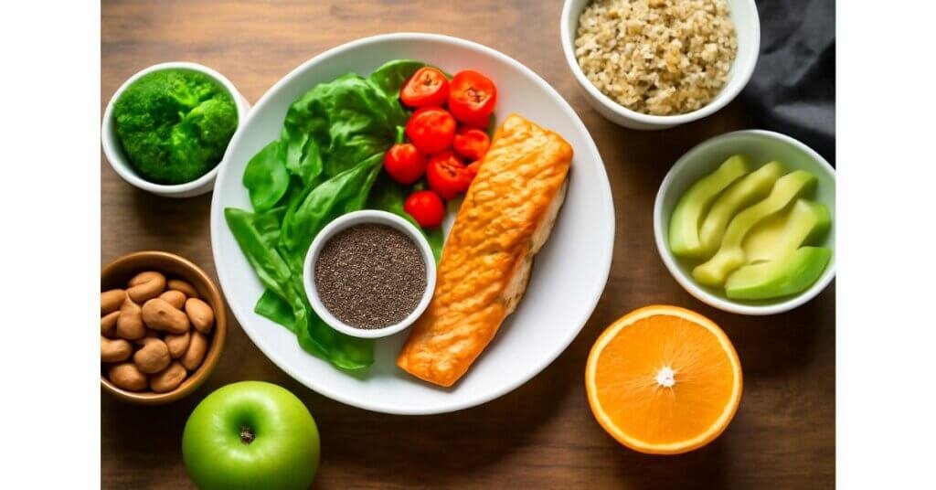 Bữa ăn lành mạnh bao gồm cá hồi, rau xanh, quinoa, hạt, và trái cây tươi giúp hỗ trợ sức khỏe tim mạch và chuyển hóa tốt hơn.