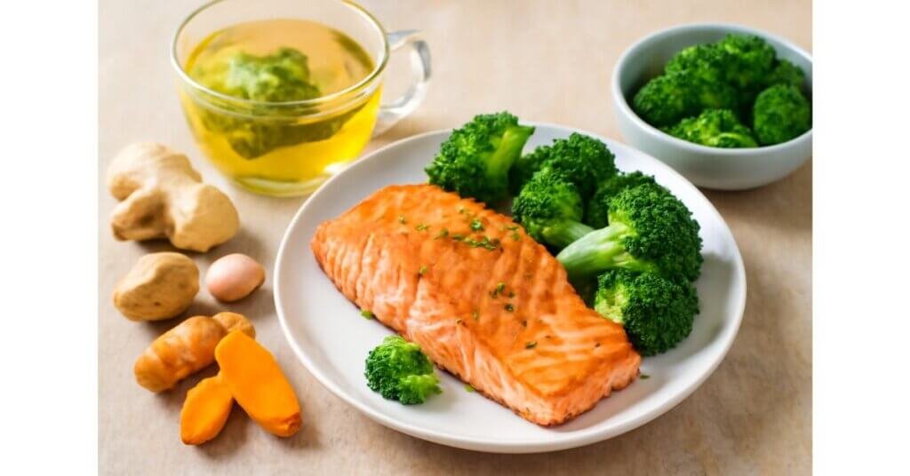 Cá hồi hấp, bông cải xanh và trà atiso – những thực phẩm tốt cho gan, giúp giảm mỡ gan và hỗ trợ tiêu hóa.